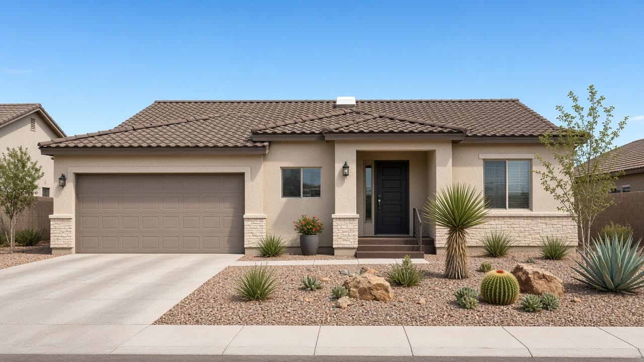 Single-story Del Webb home exterior at Sun City Aliante, North Las Vegas 89084