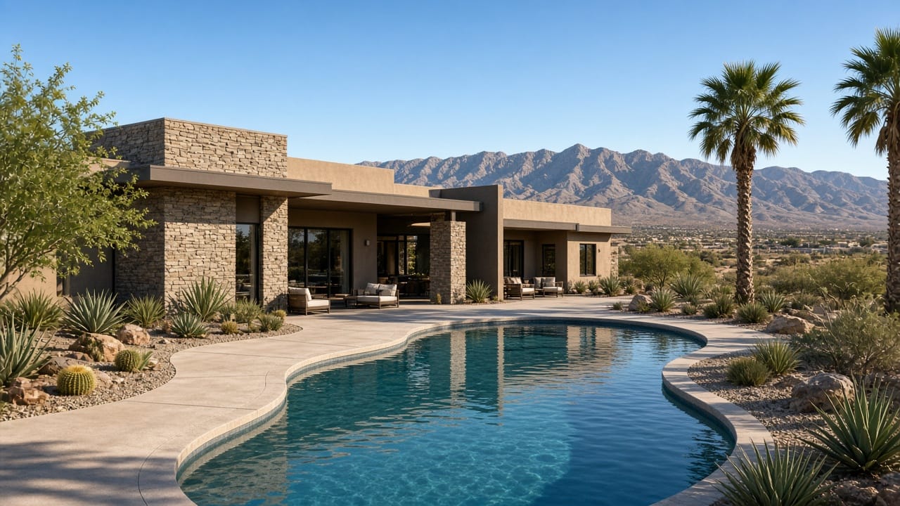 Aliante community recreation campus with pool and desert landscaping in North Las Vegas 89084