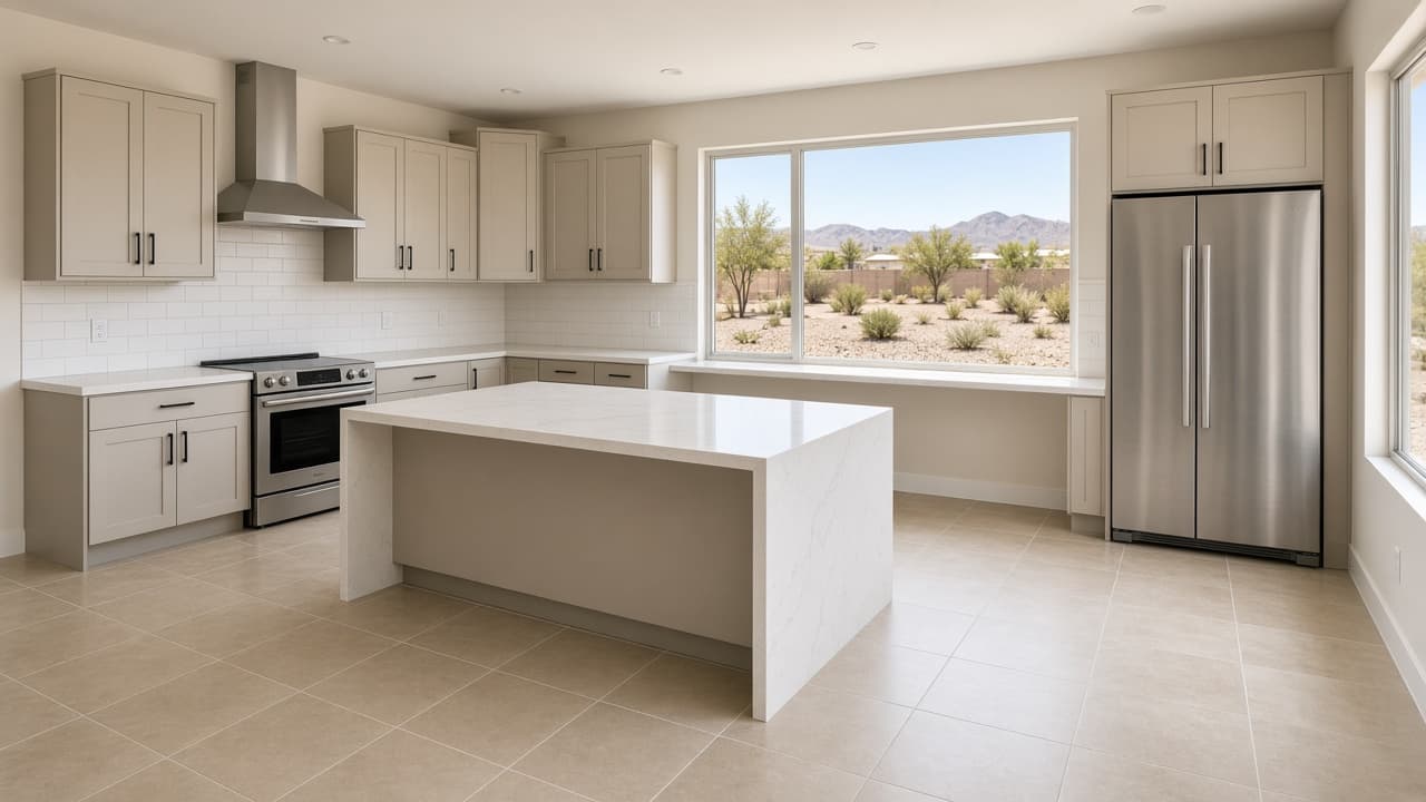 Empty new-construction kitchen finishes in North Las Vegas near Aliante