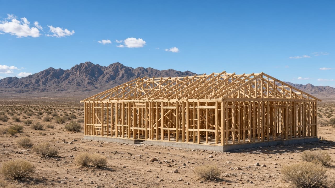 Wood framing on a desert lot near Aliante, North Las Vegas