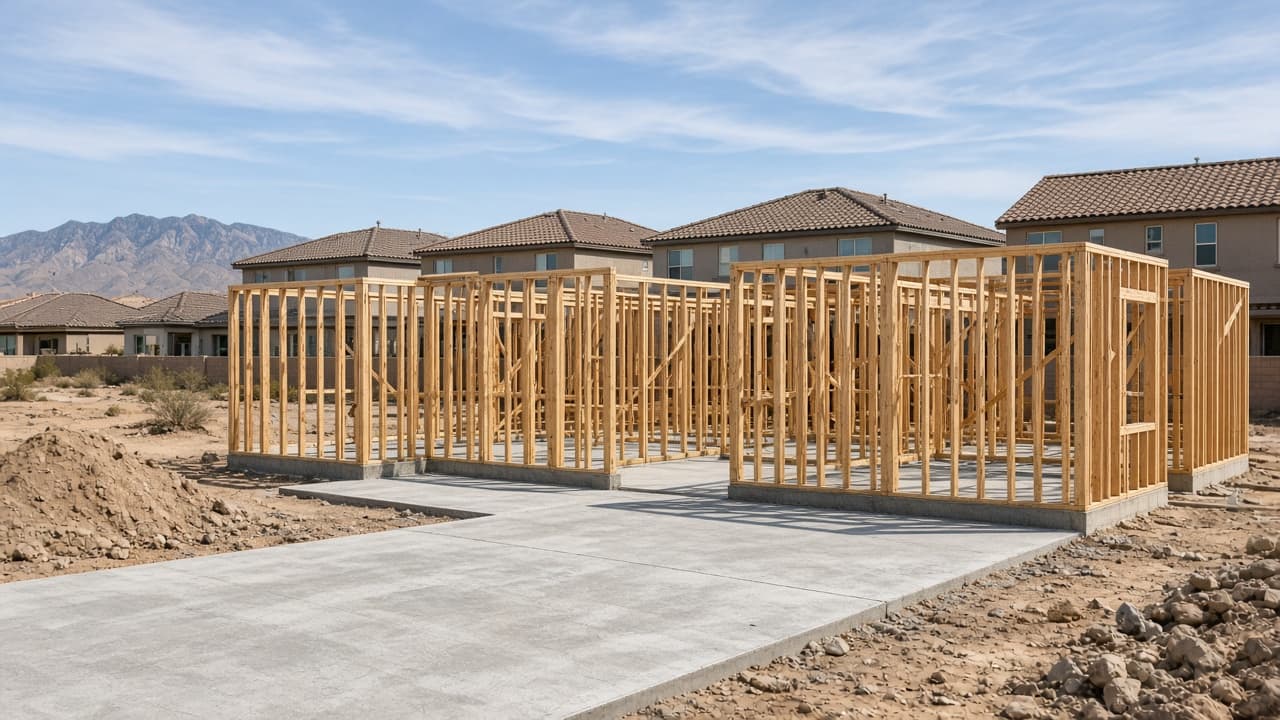 New-construction framing on a North Las Vegas desert lot near Aliante