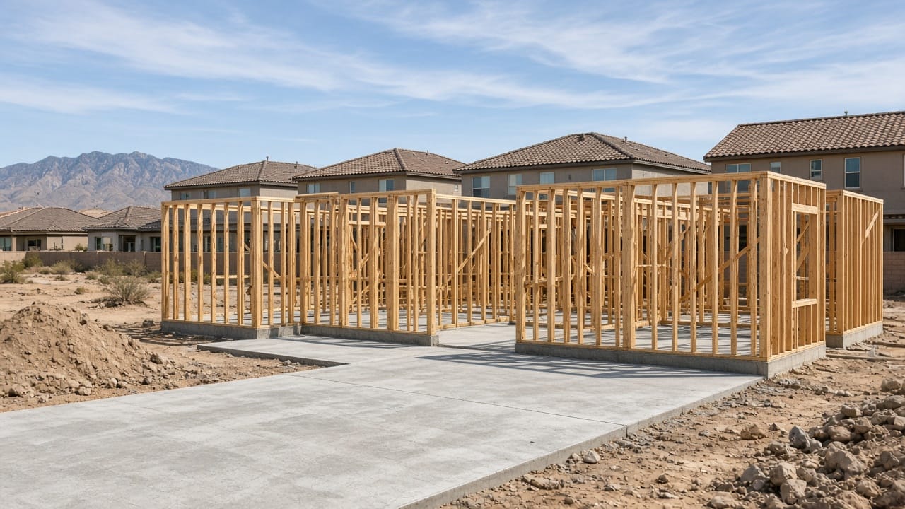 New-construction framing on a North Las Vegas desert lot near Aliante