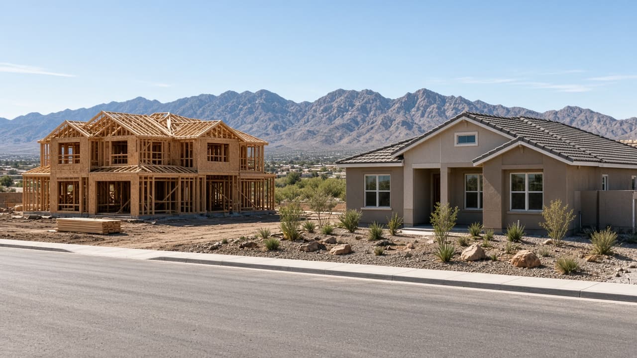 Framed house beside a finished stucco home on a North Las Vegas desert street