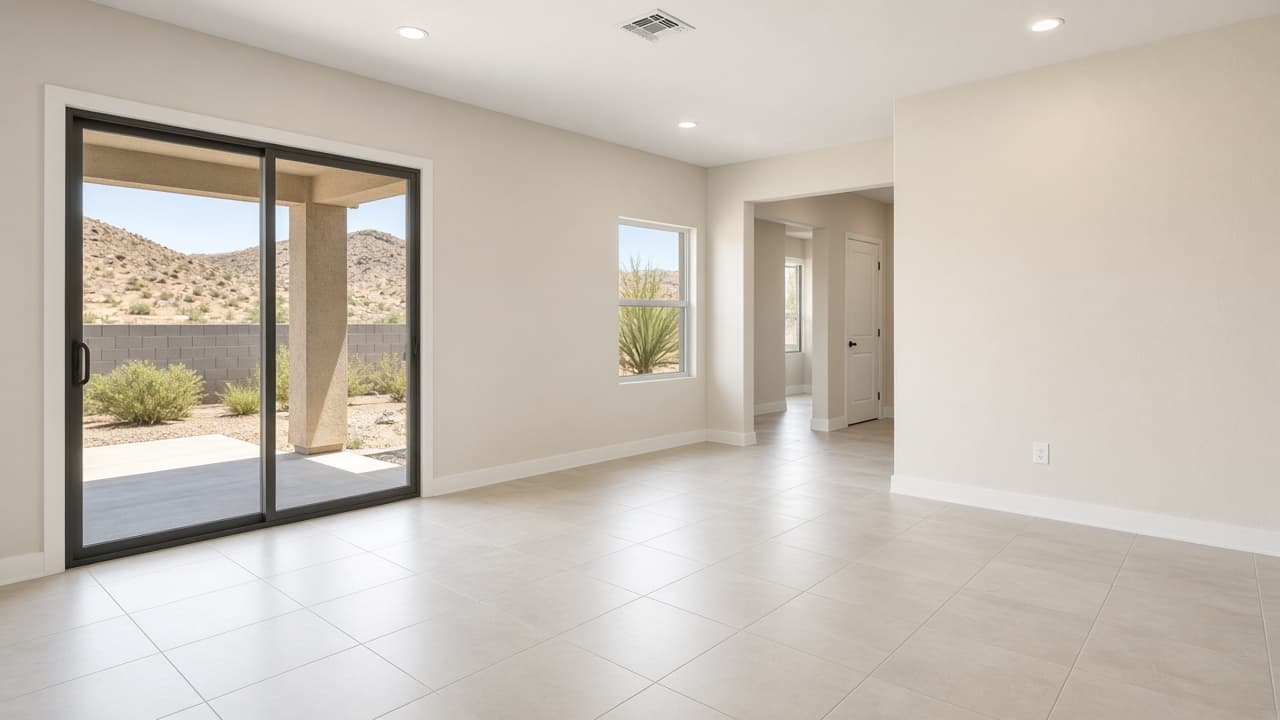 Empty finished living room ready for a new-construction walkthrough in North Las Vegas