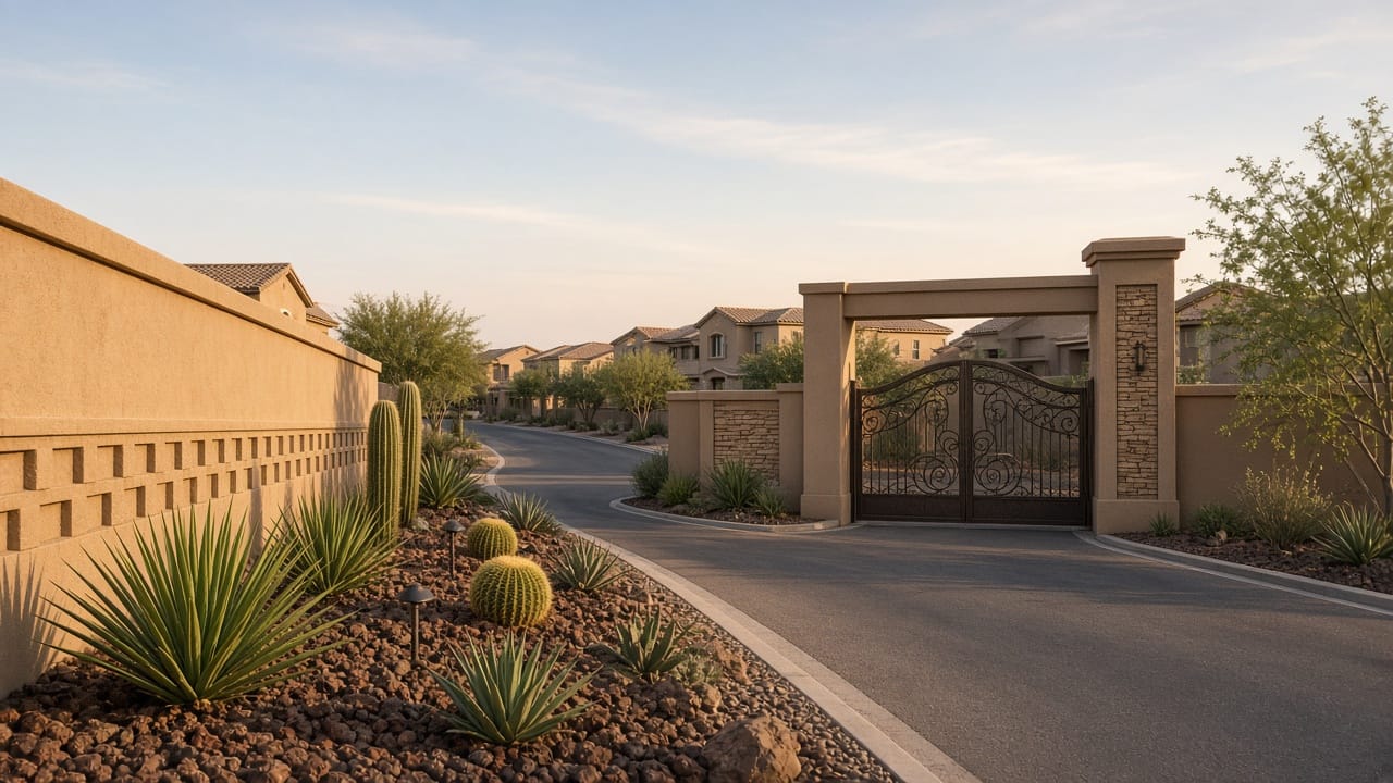 HOA architectural walls and gated entry in Aliante, North Las Vegas 89084