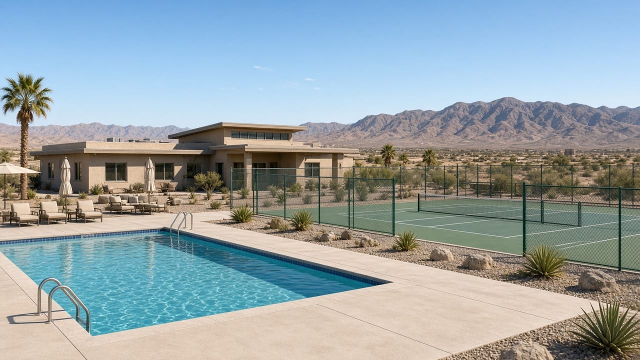 Sun City Aliante 55+ recreation campus with pool and courts in North Las Vegas 89084